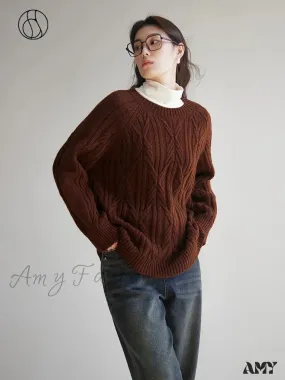 Retro Twisted Flower Full Sleeve Brown Casual Loose Sweater