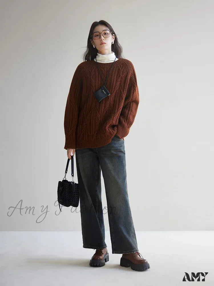 Retro Twisted Flower Full Sleeve Brown Casual Loose Sweater