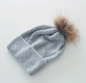 Rib Knit Fox Fur Pom Pom Hat Grey/Grey HA405