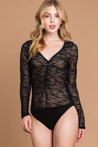 Round Neck Mesh Perspective Bodysuit