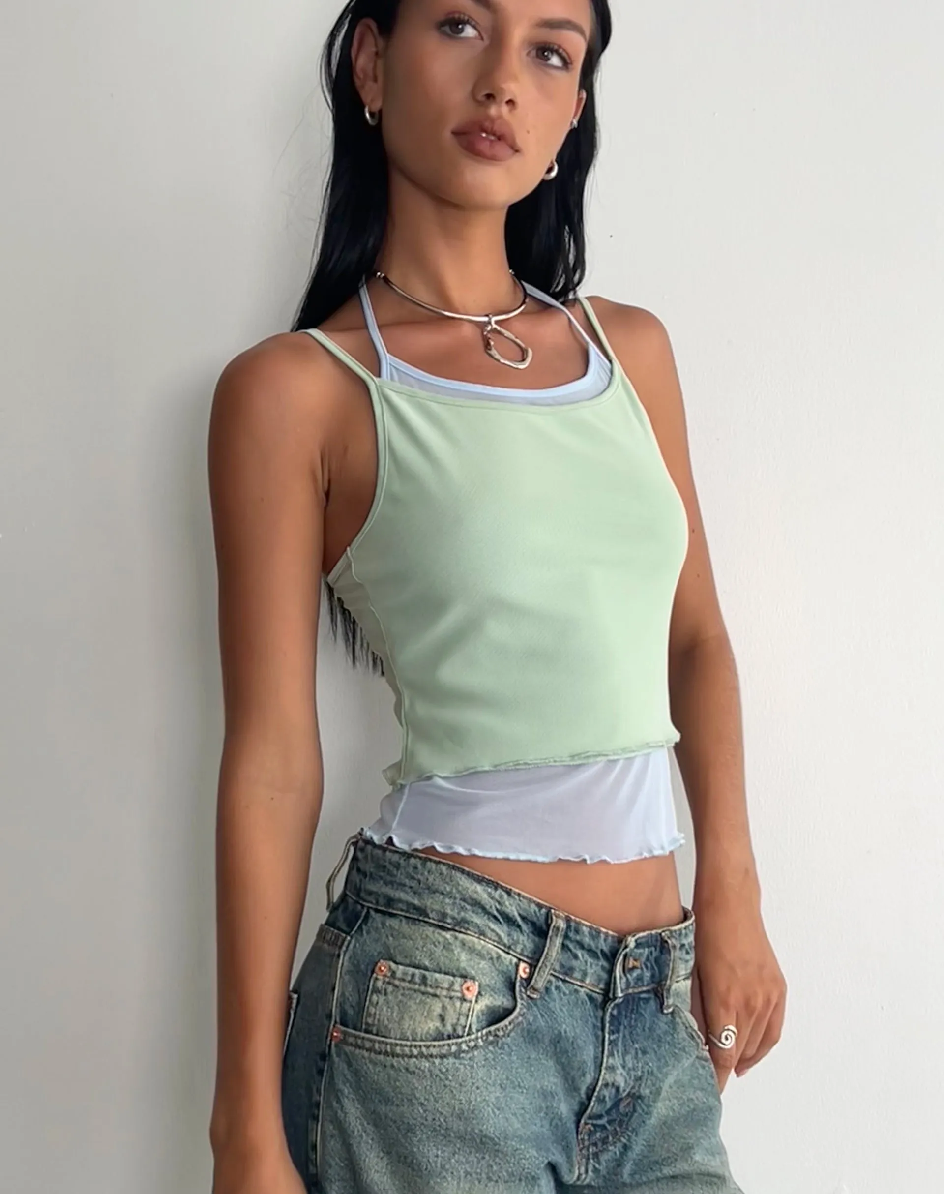 Sapphi Double Layered Cami Top in Frost Blue and Sage Green