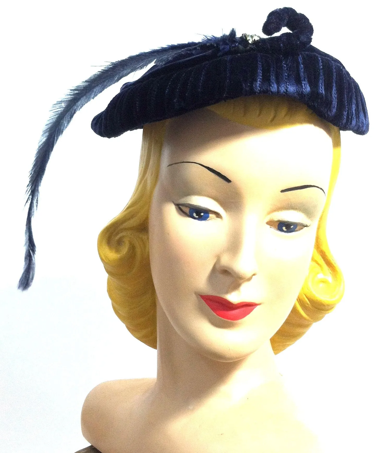 Sapphire Blue Velvet Cocktail Hat with Feather and Rhinestones circa 1950s