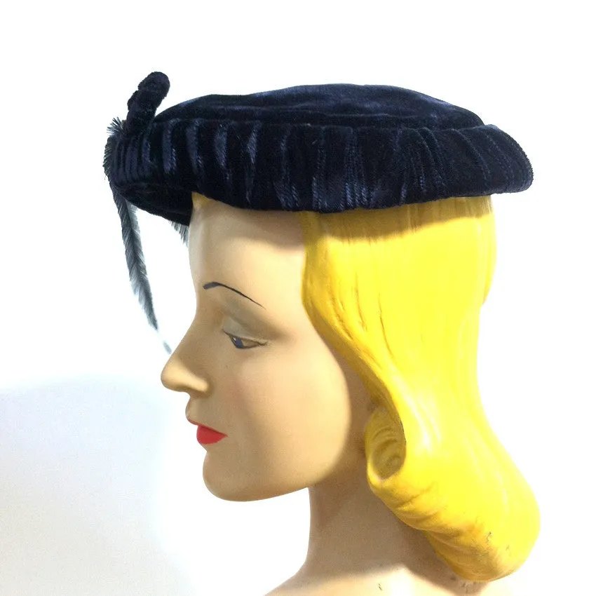 Sapphire Blue Velvet Cocktail Hat with Feather and Rhinestones circa 1950s