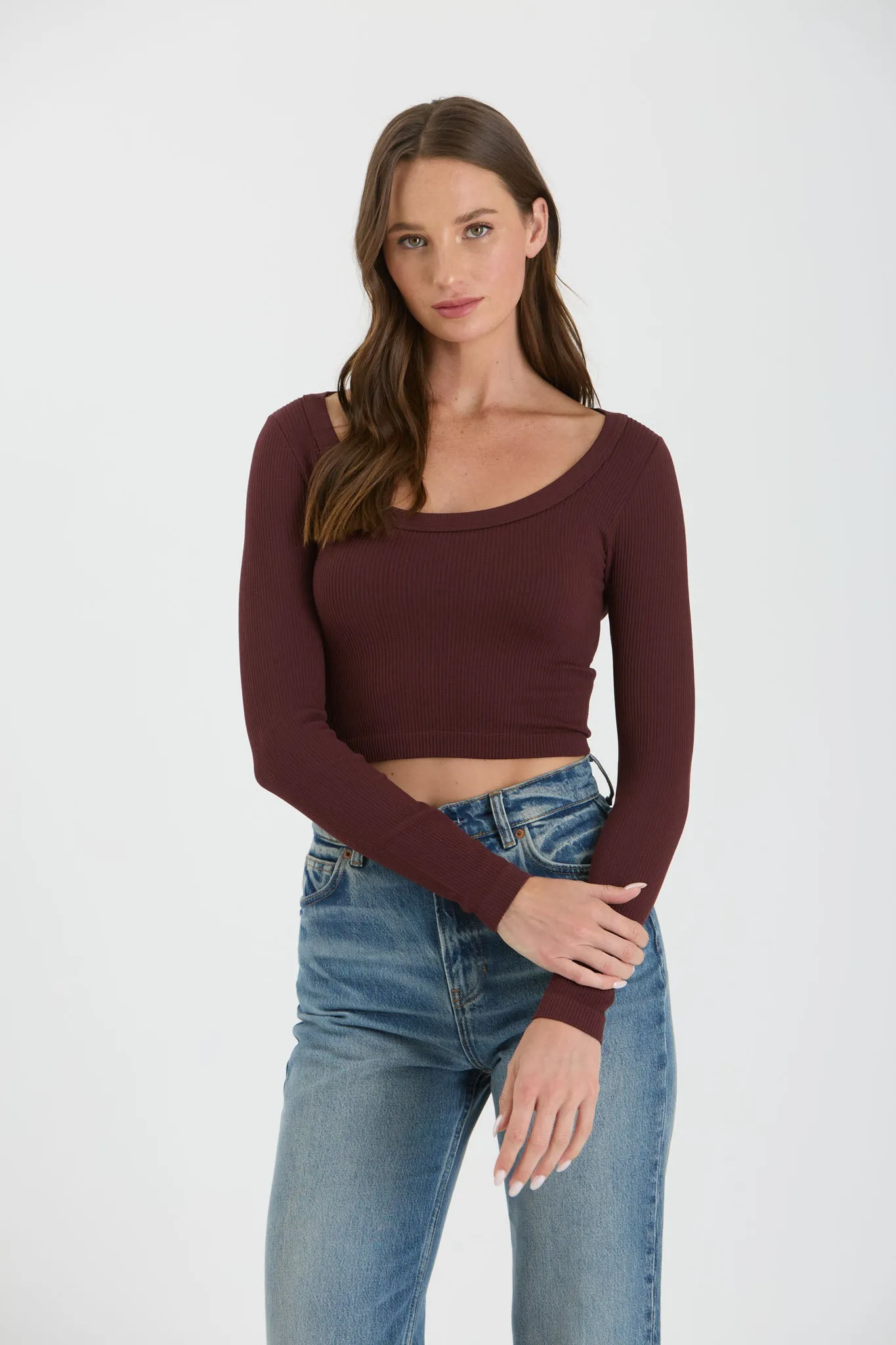 SCOOP NECK LONG SLEEVE SWEATER KNIT CROP TOP