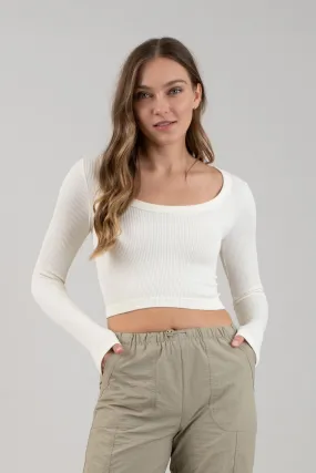 SCOOP NECK LONG SLEEVE SWEATER KNIT CROP TOP