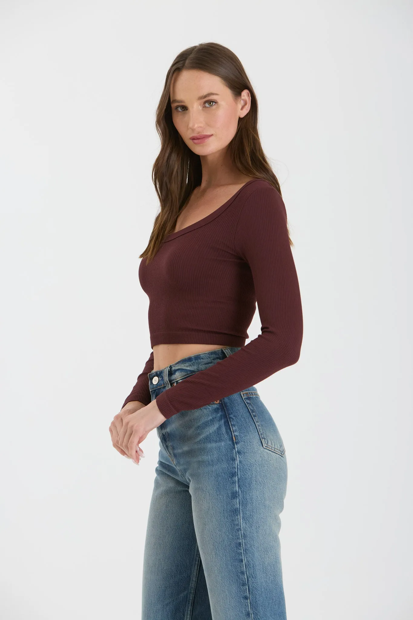 SCOOP NECK LONG SLEEVE SWEATER KNIT CROP TOP