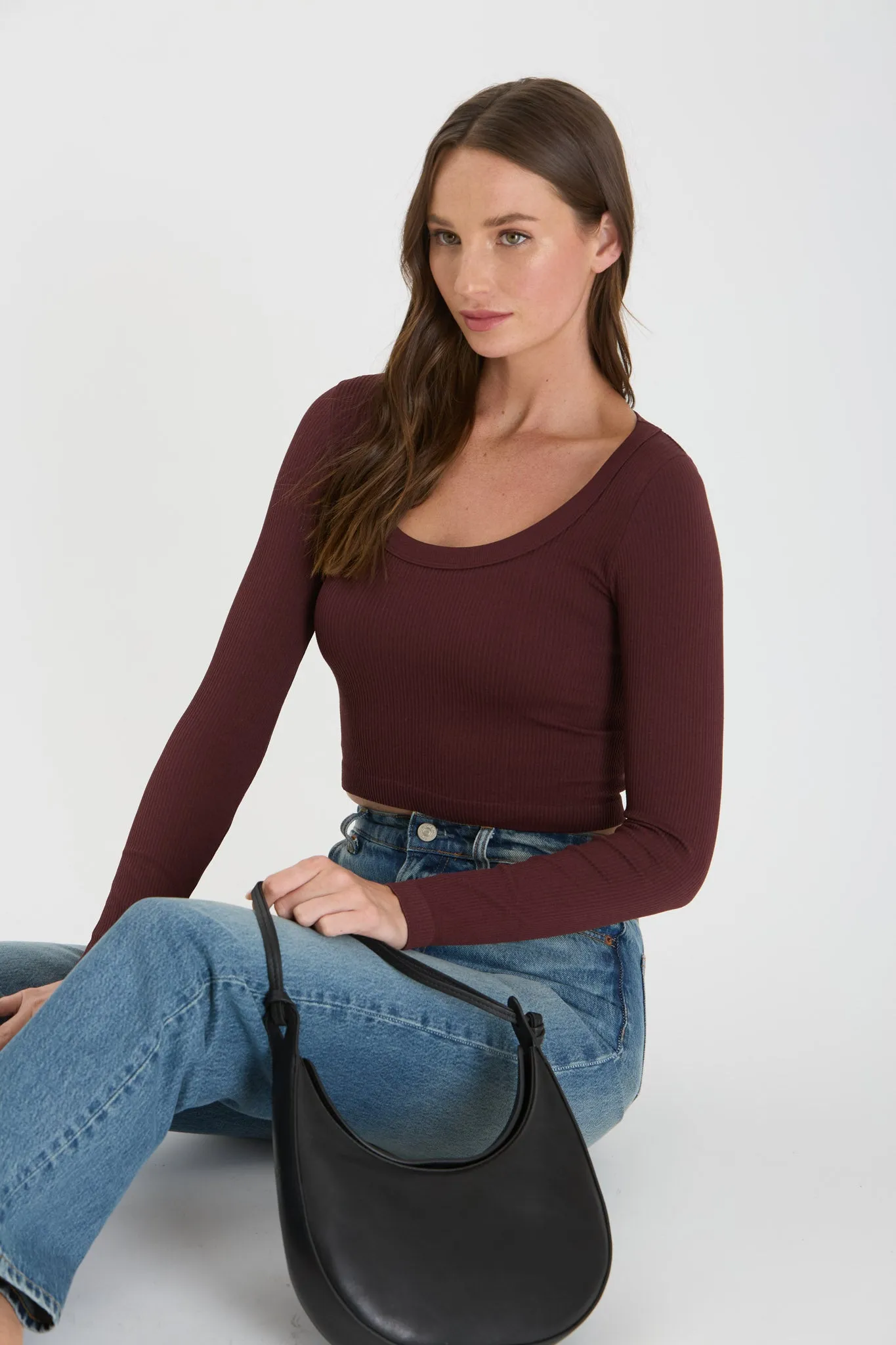 SCOOP NECK LONG SLEEVE SWEATER KNIT CROP TOP