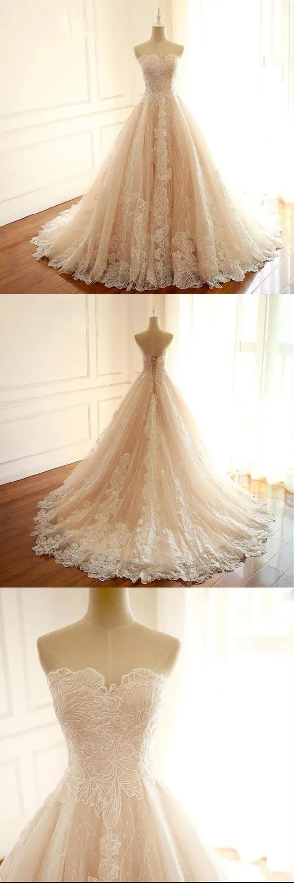 Sleeveless Sweetheart A-Line Lace Up Back Unique Design Wedding Dresses, Newest High Quality Custom Bridal Gown