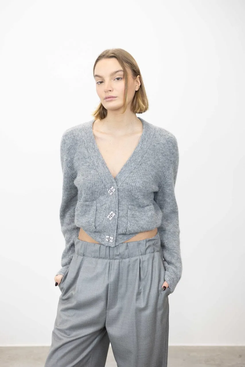 SOFT WOOL V-NECK CARDIGAN WITH BUTTERFLY BUTTON IN GREY