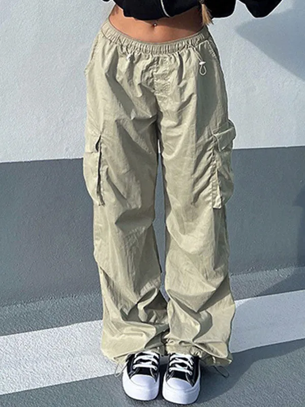 Solid Elastic Waist Drawstring Pants