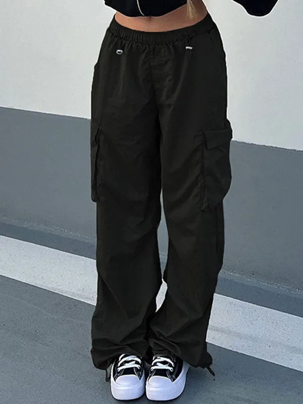 Solid Elastic Waist Drawstring Pants