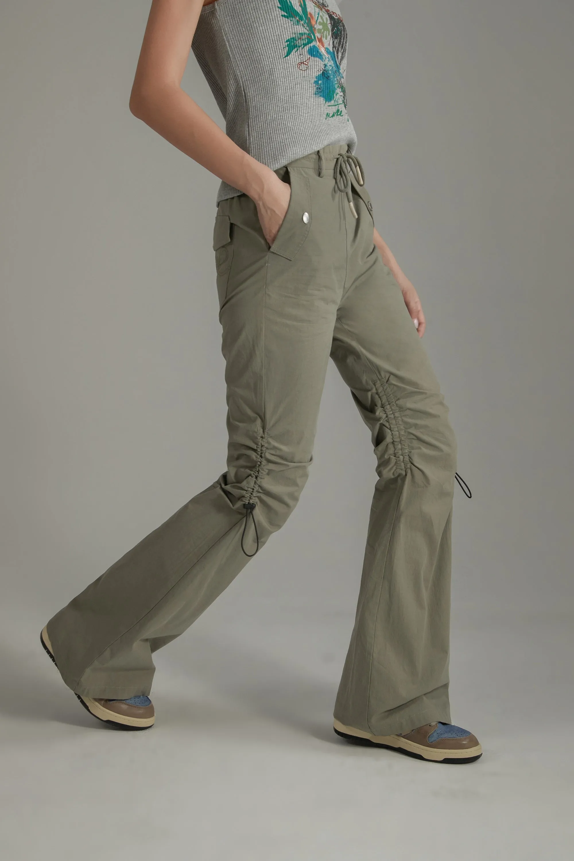 String Shirring Bootcut Cargo Style Pants