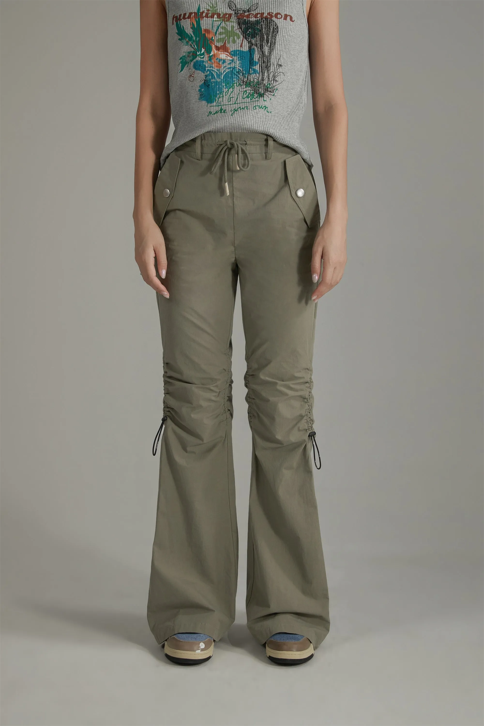 String Shirring Bootcut Cargo Style Pants