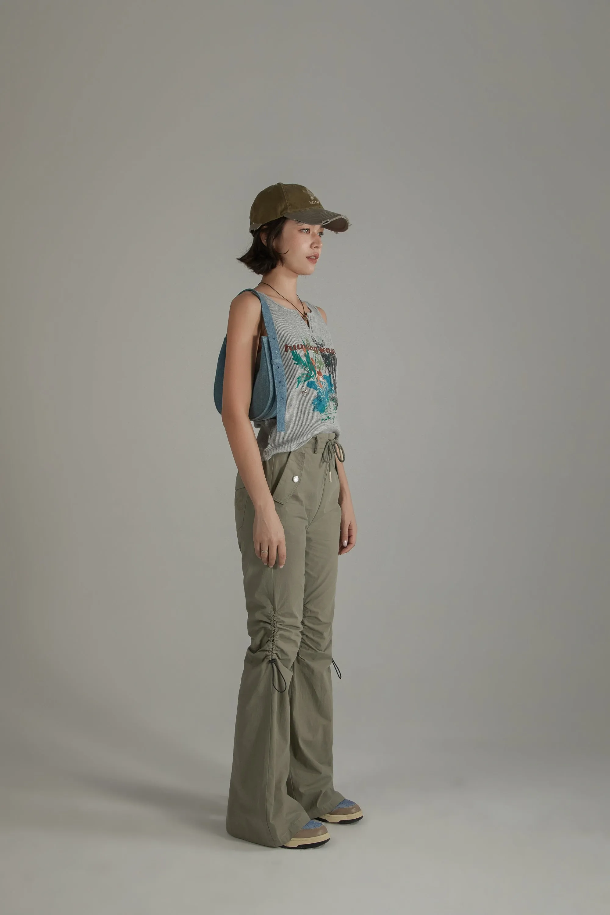 String Shirring Bootcut Cargo Style Pants