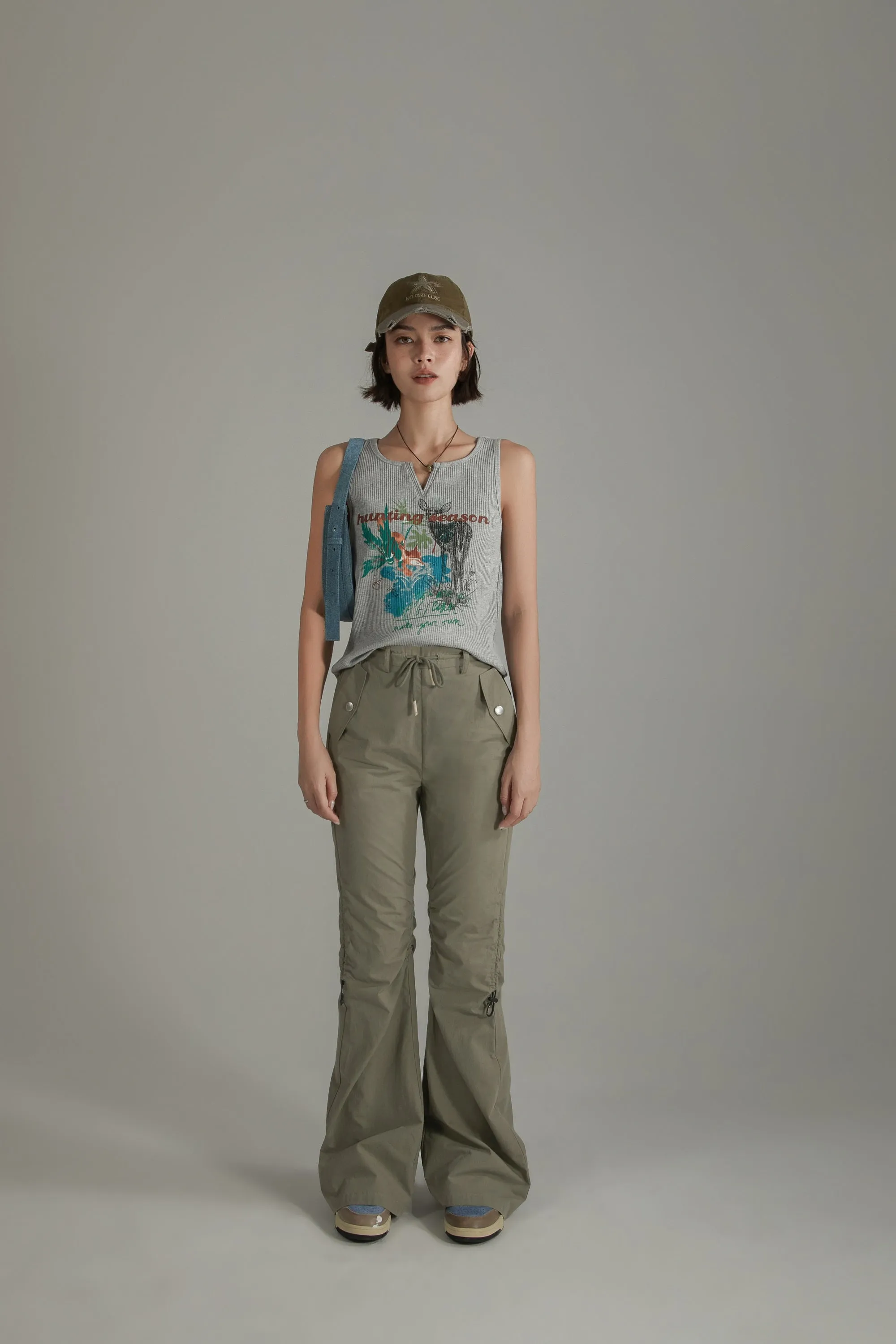 String Shirring Bootcut Cargo Style Pants