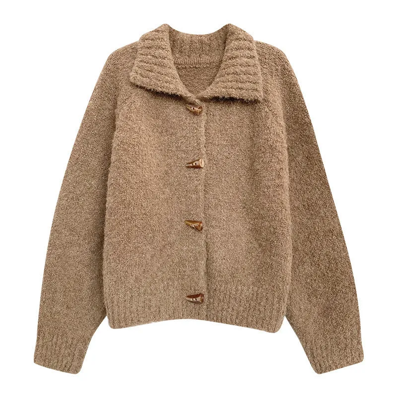 Sweater Coat For Women Retro Horn Button Solid Color