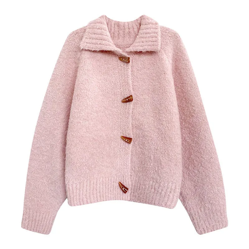 Sweater Coat For Women Retro Horn Button Solid Color