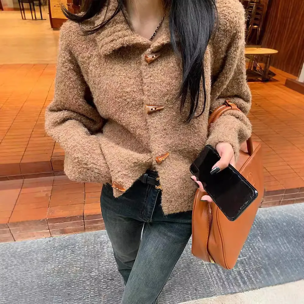 Sweater Coat For Women Retro Horn Button Solid Color