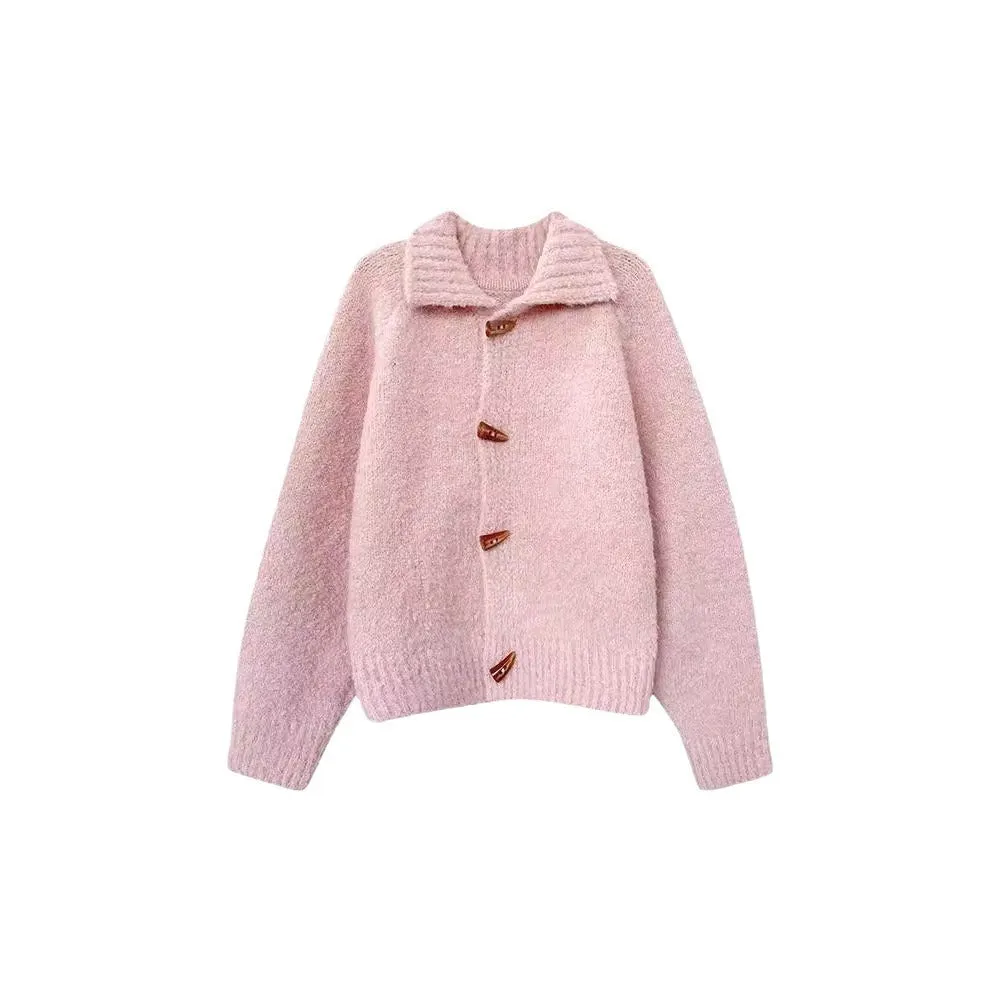 Sweater Coat For Women Retro Horn Button Solid Color