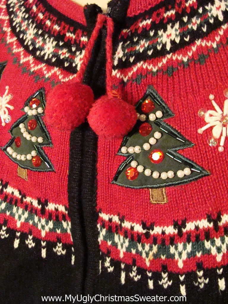 Tacky Ugly Christmas Sweater Nordic with Trees and Bead Bling (f14)