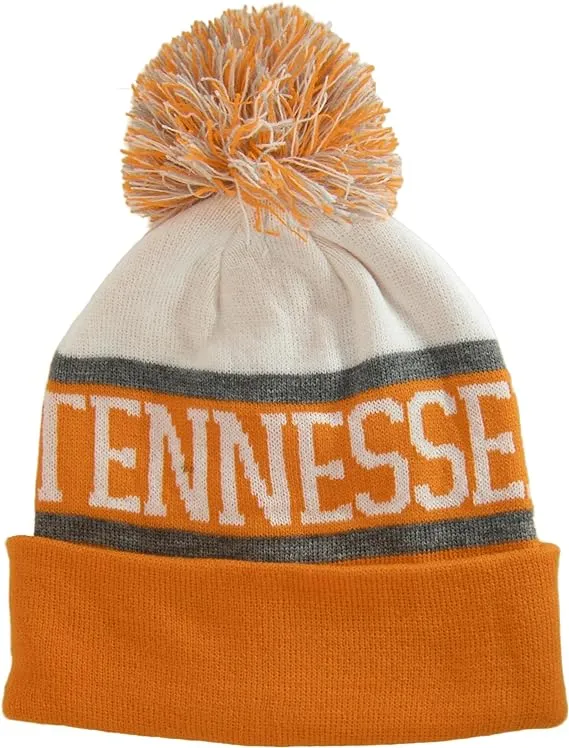 Tennessee Wide Stripe Winter Knit Pom Beanie Hat (White/Orange)