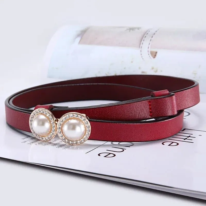 Thin Leather Waistband with Fashion Pearl Design Buckle - Elegant Retro Style - High Quality Cowhide - Adjustable Fit - 1.4cm Width