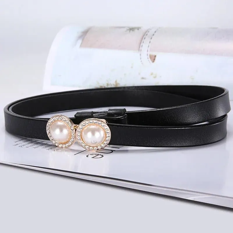 Thin Leather Waistband with Fashion Pearl Design Buckle - Elegant Retro Style - High Quality Cowhide - Adjustable Fit - 1.4cm Width