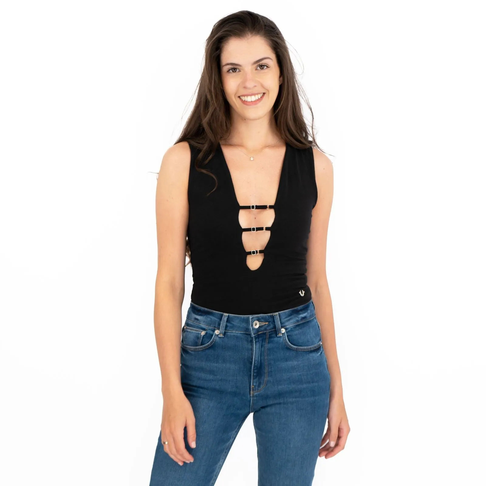 True Religion Black Cotton Bodysuit Cut Out Chest Summer Sleeveless Tops