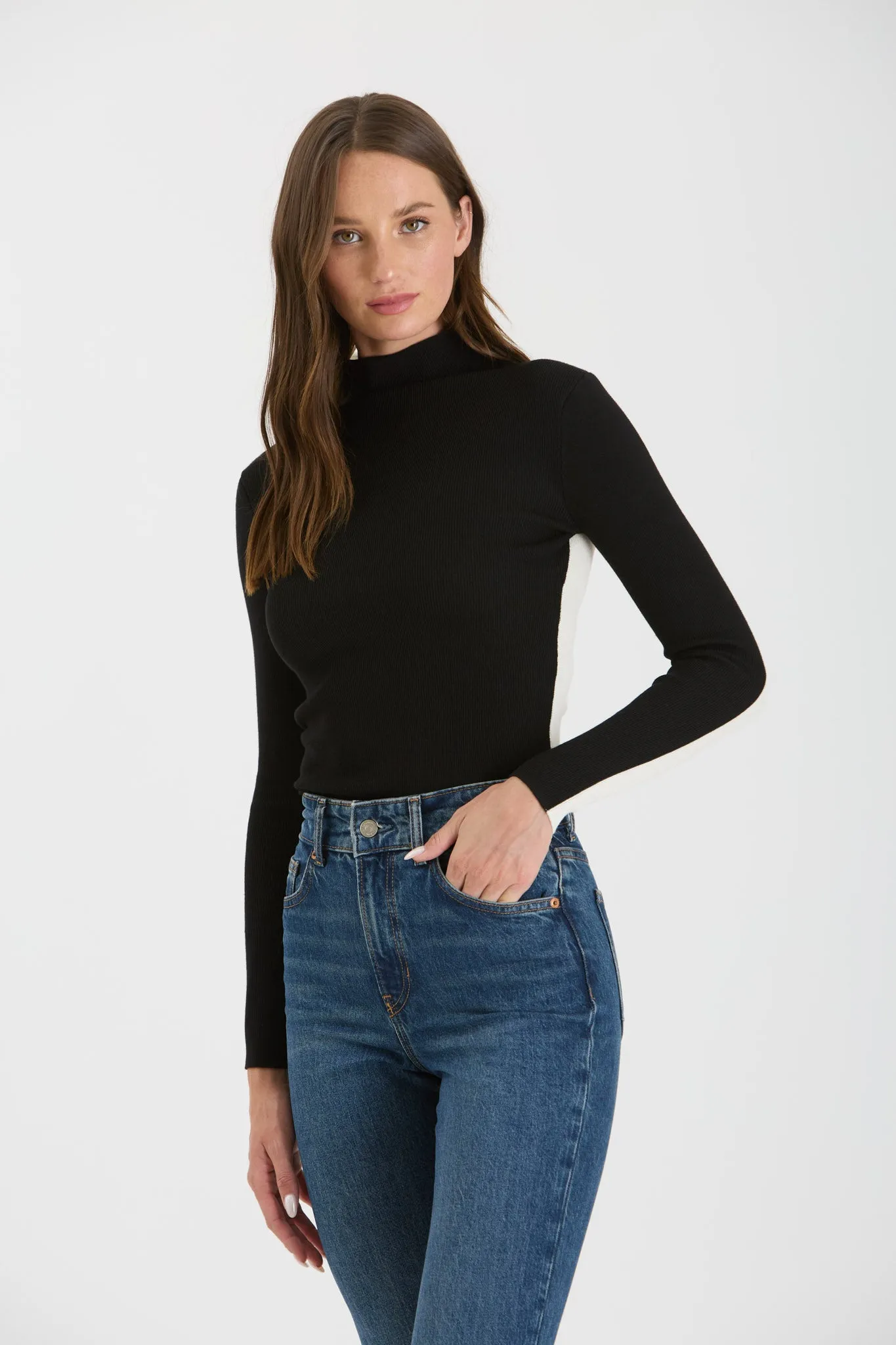 TWO-TONE COLORBLOCK MOCK NECK KNIT SWEATER