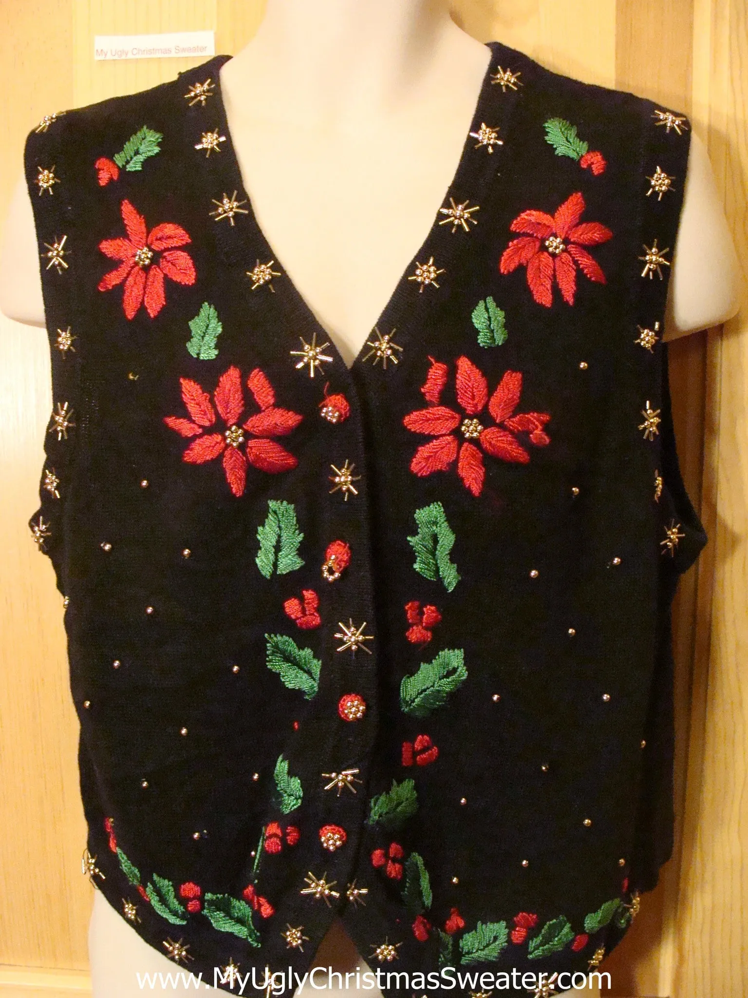 Ugly Christmas Sweater Vest with Poinsettias and Ivy