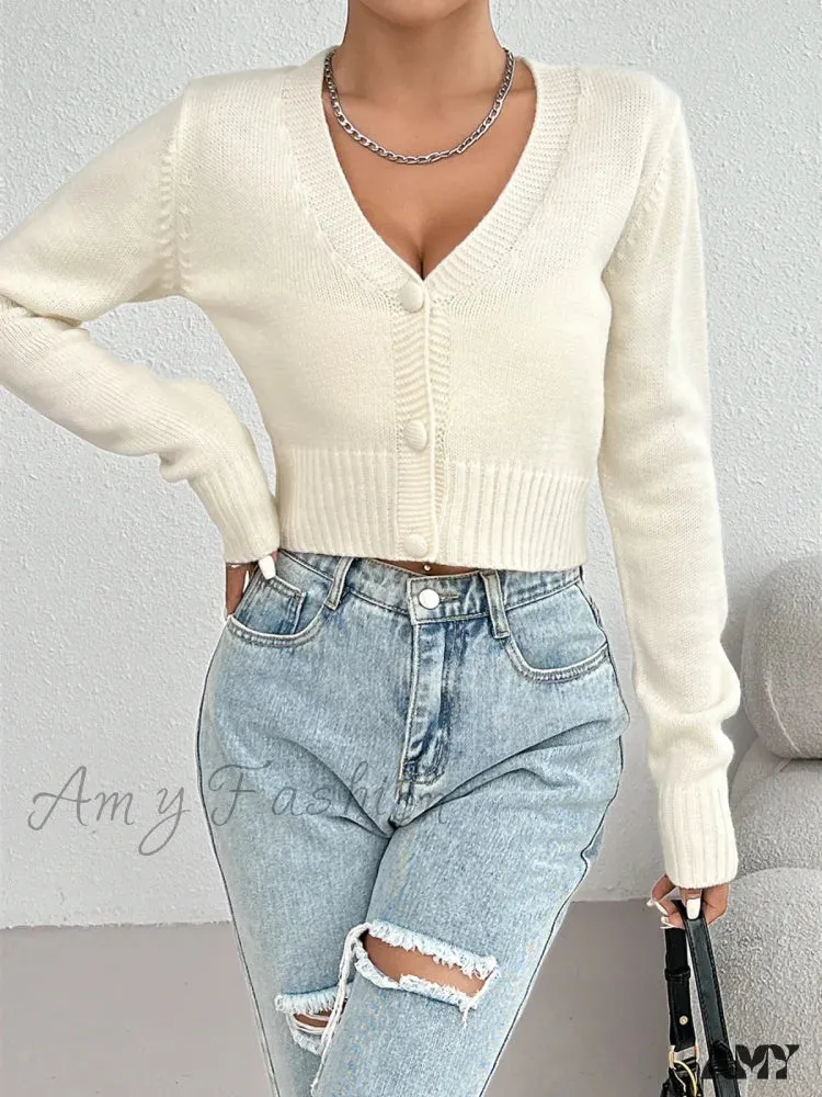 V-neck Solid Color Elegant Casual Long Sleeve Front Button Knitted Autumn Sweater