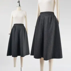 Vintage Dark Gray Wool Skirt A-line Pleated Front Midi Skirt with Pockets size Medium