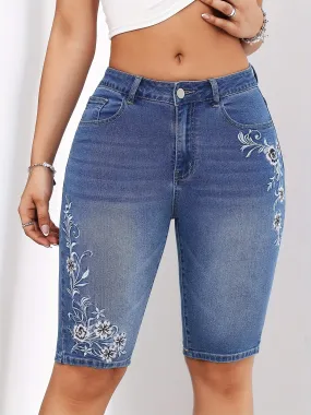 Washed Blue Embroidered Floral Bermuda Denim Shorts - Faded Relaxed Fit with Secure Zipper Button Closure, Stretchy Fabric, and Elegant Design - Womens Casual Denim Shorts for Summer