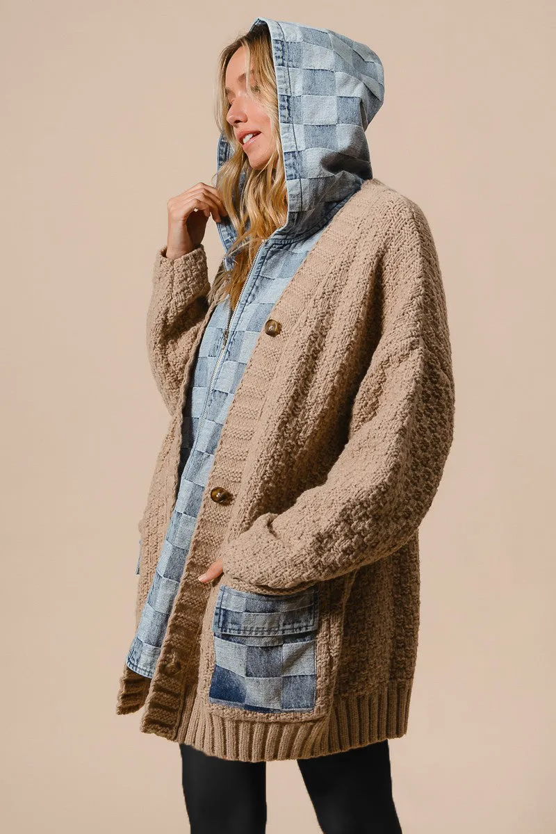 Washed Check Denim Oversized Zip Up Sweater Cardigan