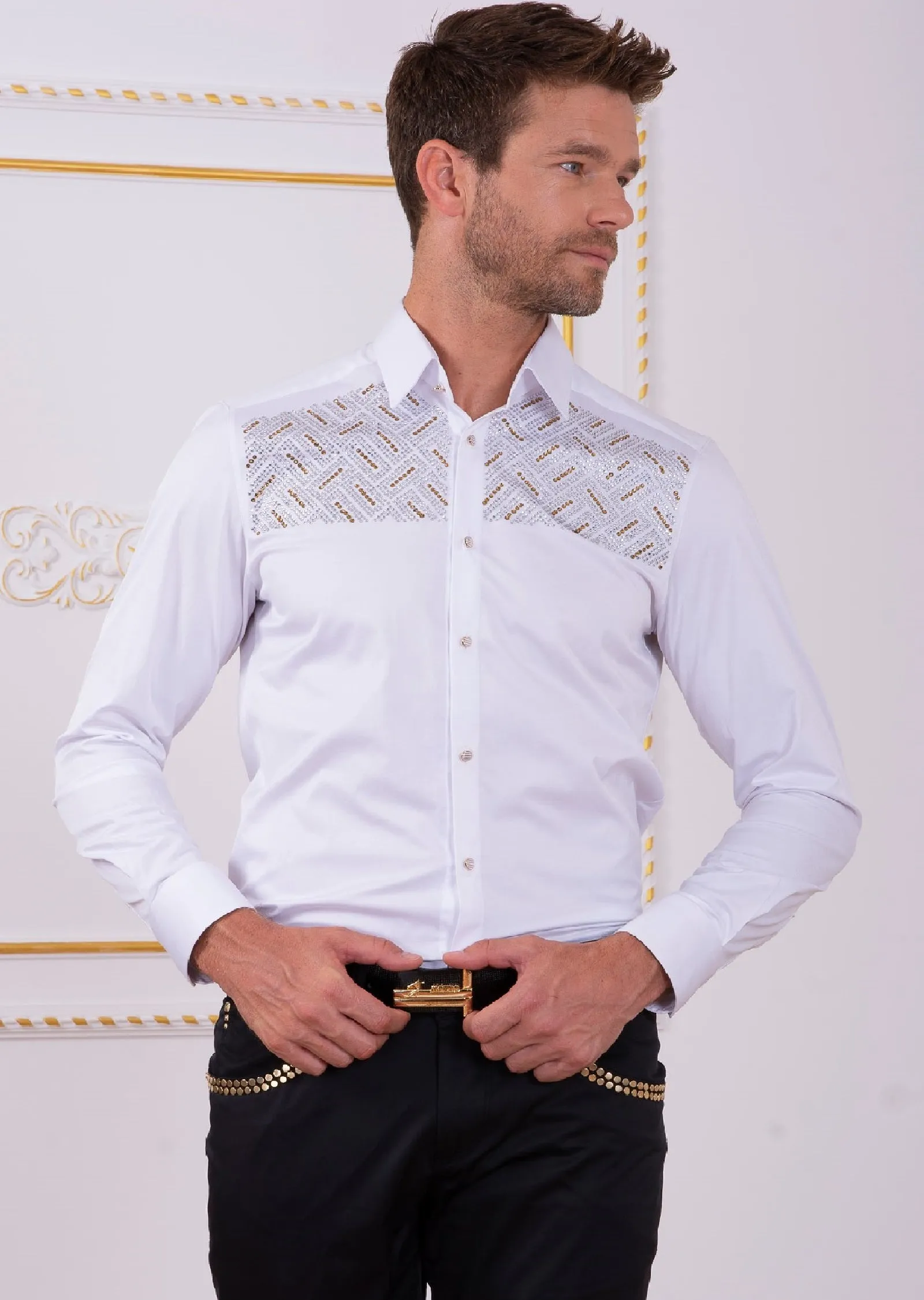 White Gold "Upper Panel" Rhinestone Shirt