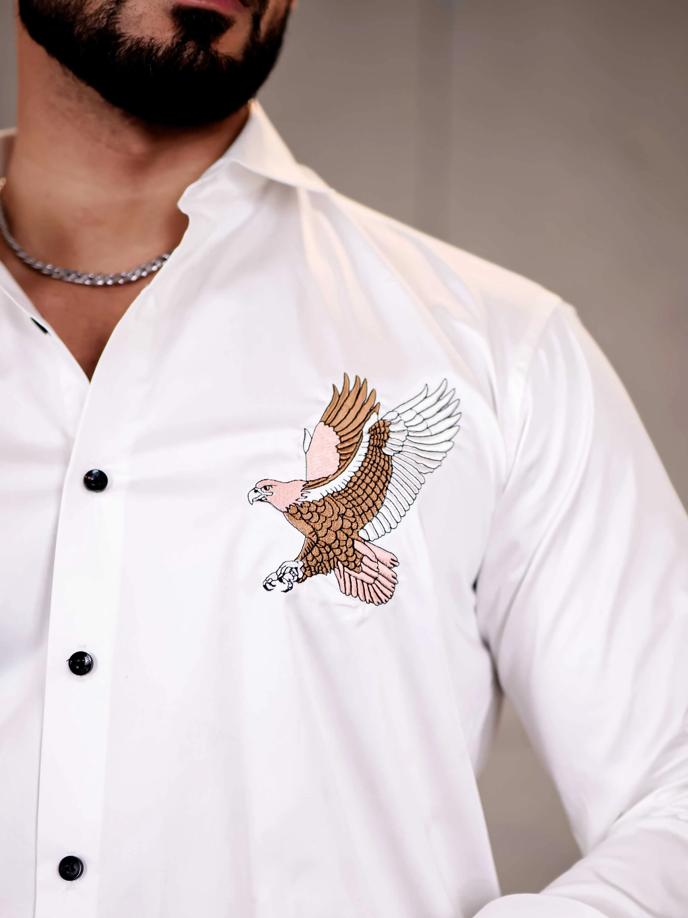 White Multicolor Falcon Embroidered Club Wear Satin Cotton Shirt