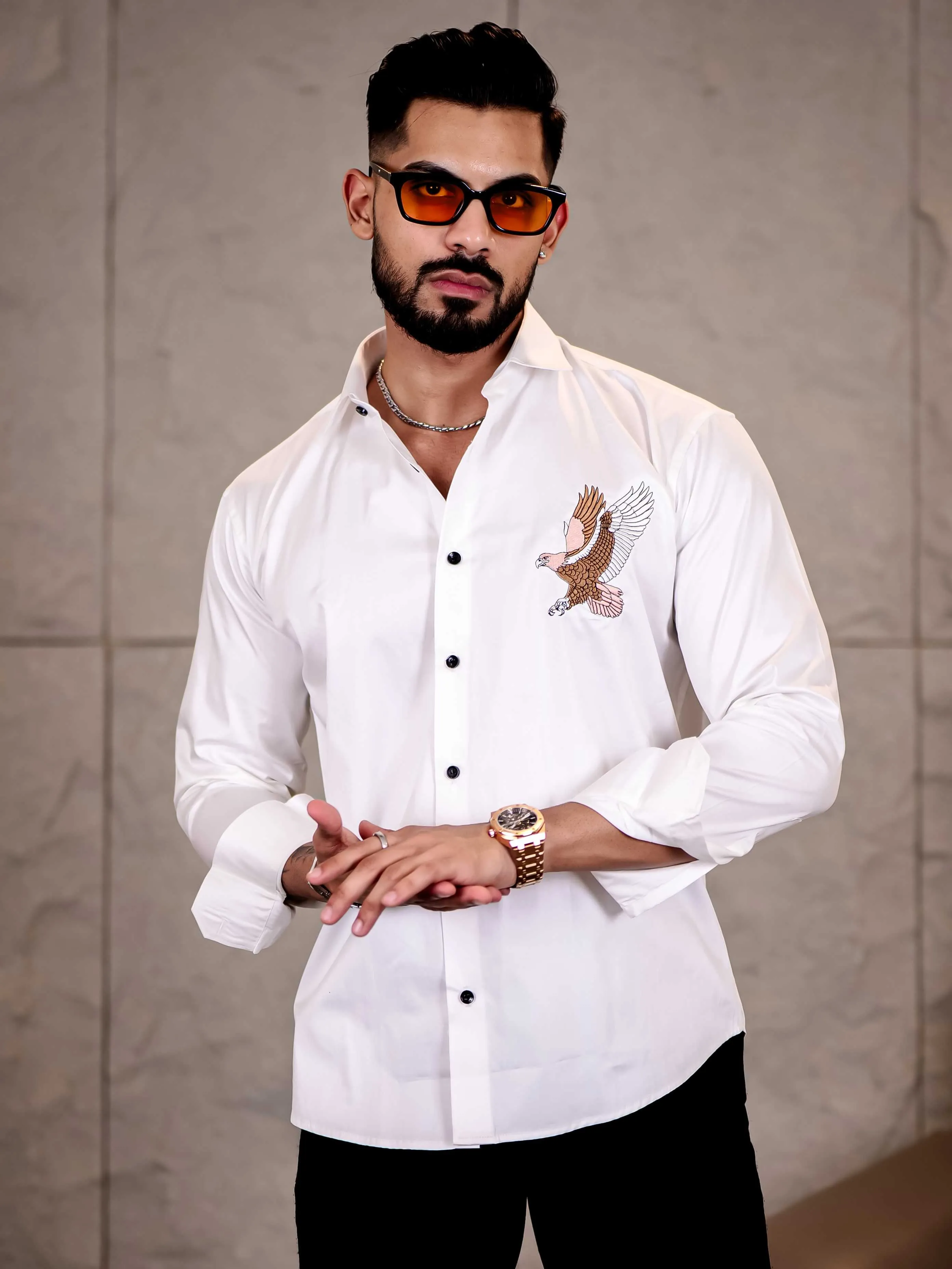 White Multicolor Falcon Embroidered Club Wear Satin Cotton Shirt