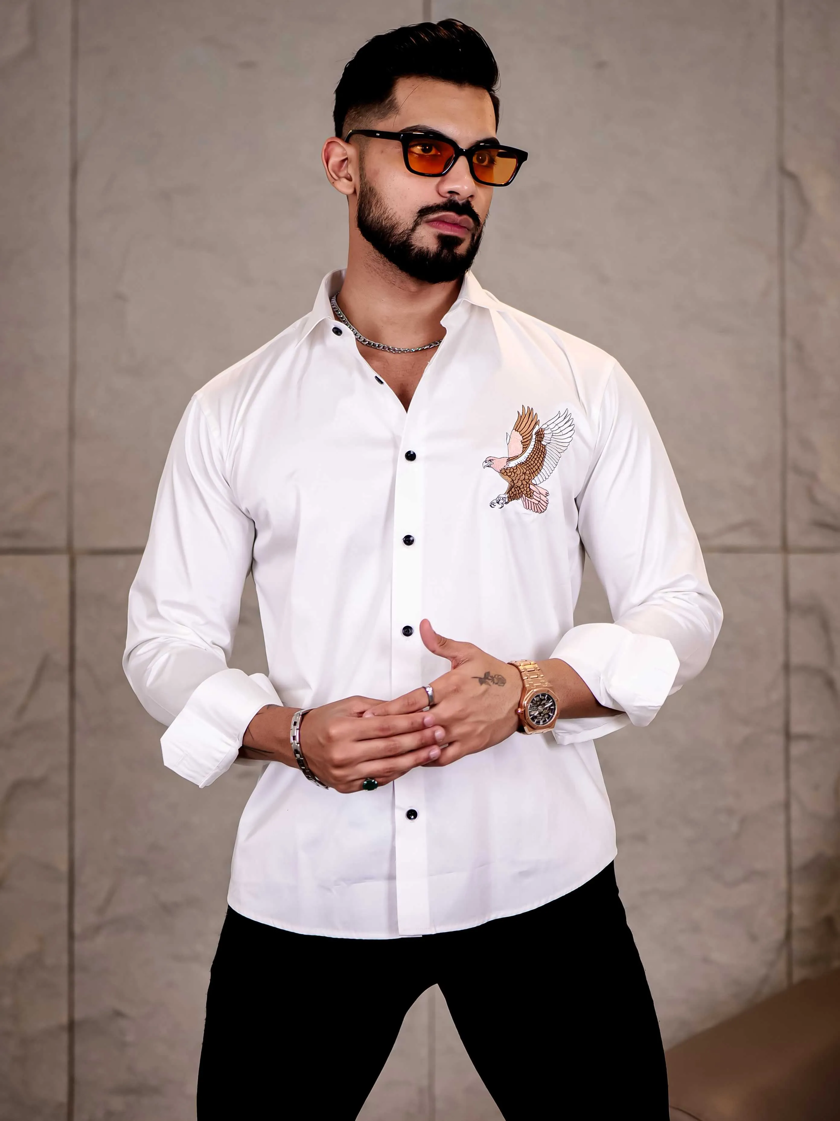 White Multicolor Falcon Embroidered Club Wear Satin Cotton Shirt