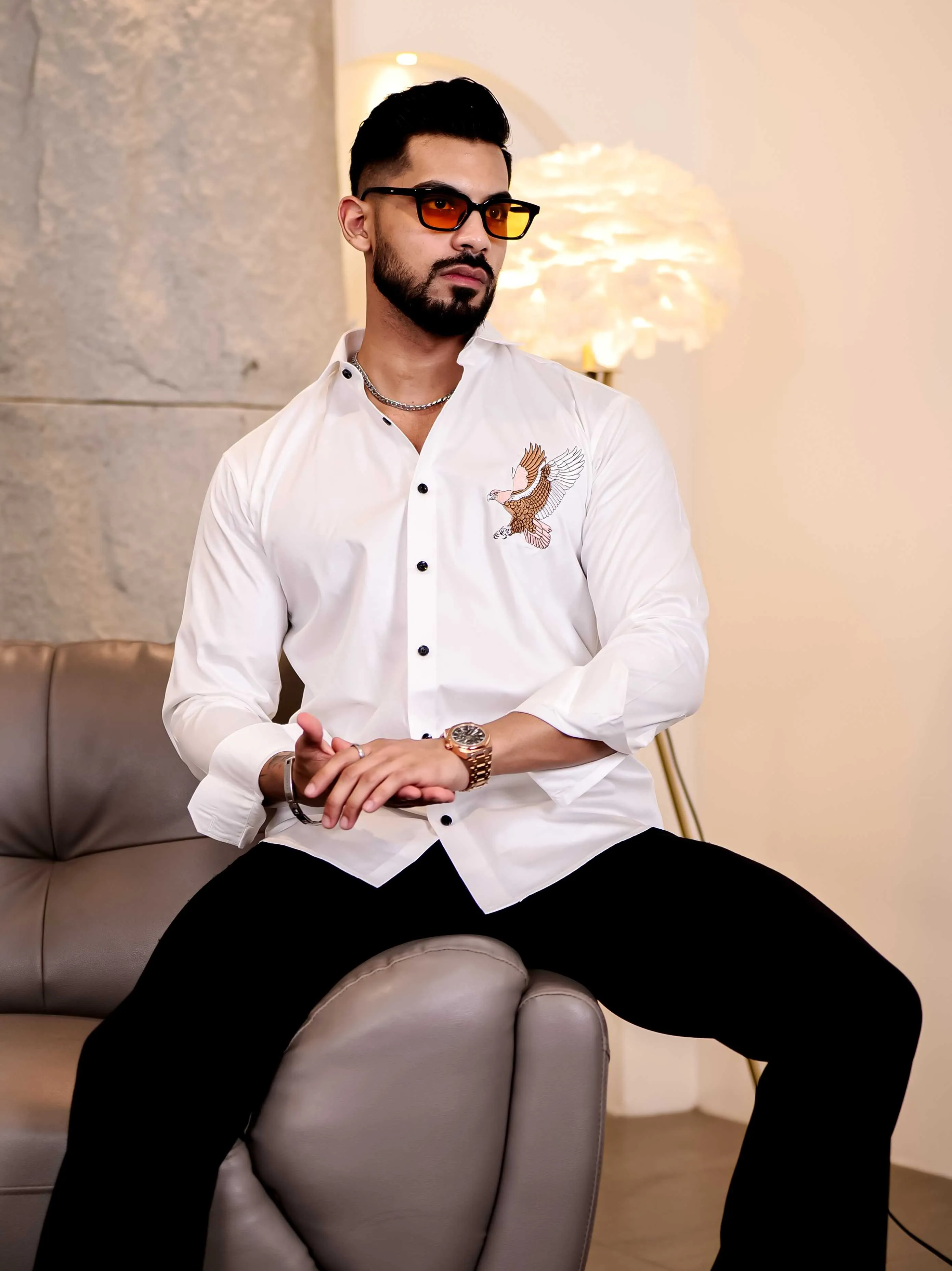 White Multicolor Falcon Embroidered Club Wear Satin Cotton Shirt