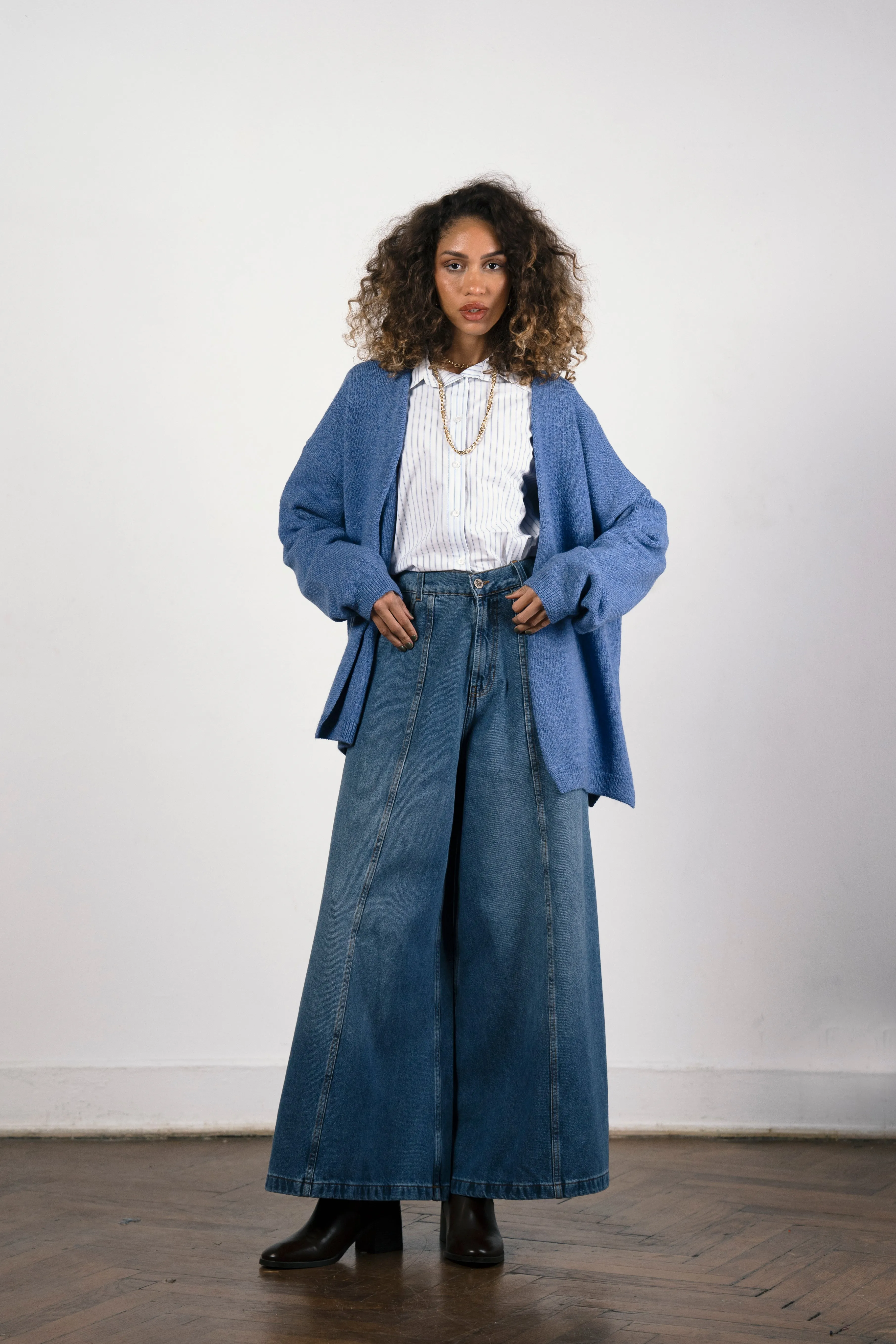 WITH BELT WOOL CARDIGAN -BLUE