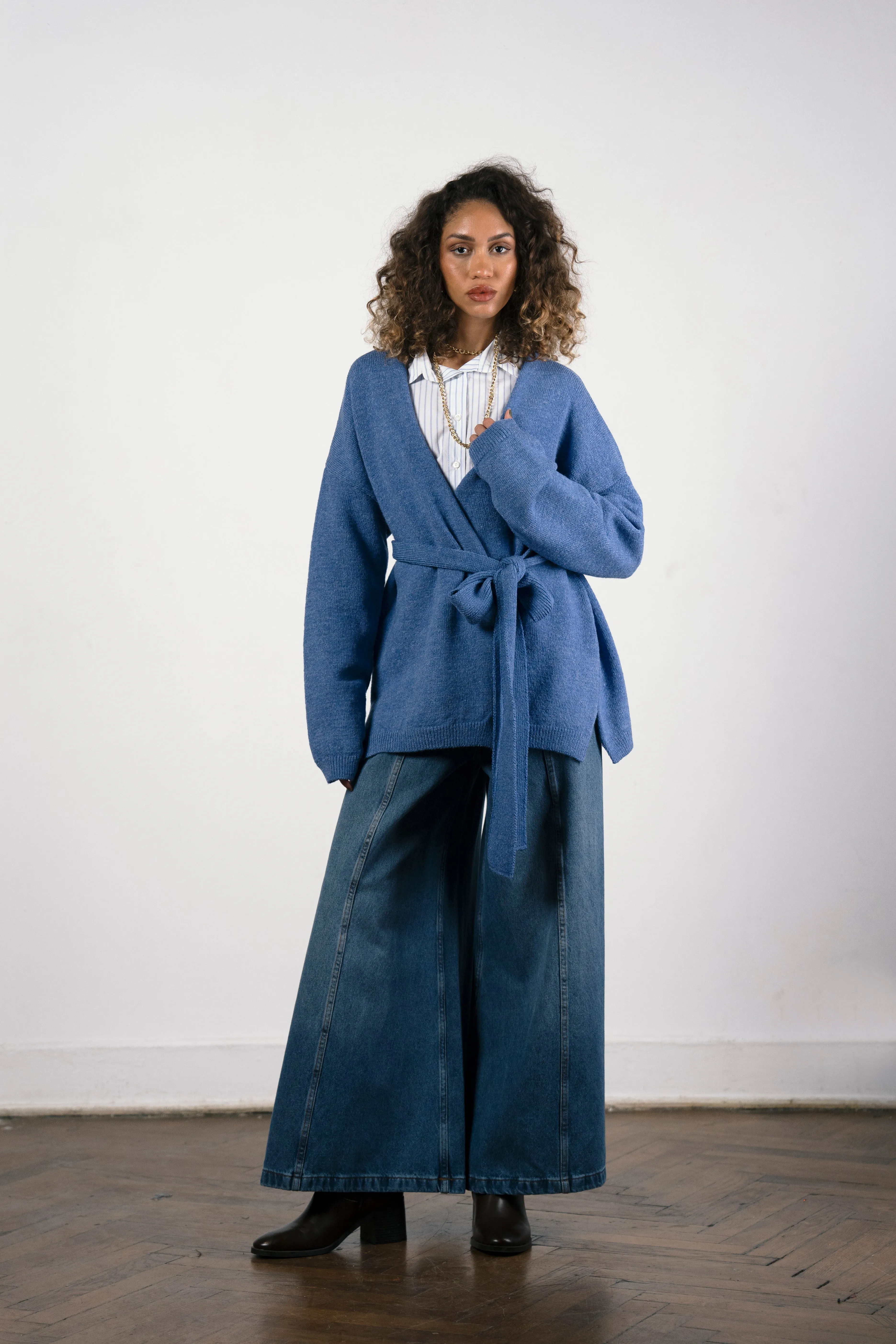 WITH BELT WOOL CARDIGAN -BLUE