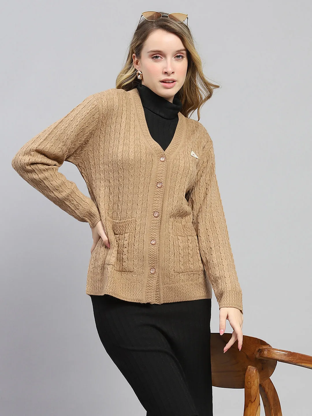 Women Khaki Self Design V Neck Full Sleeve Cardigan