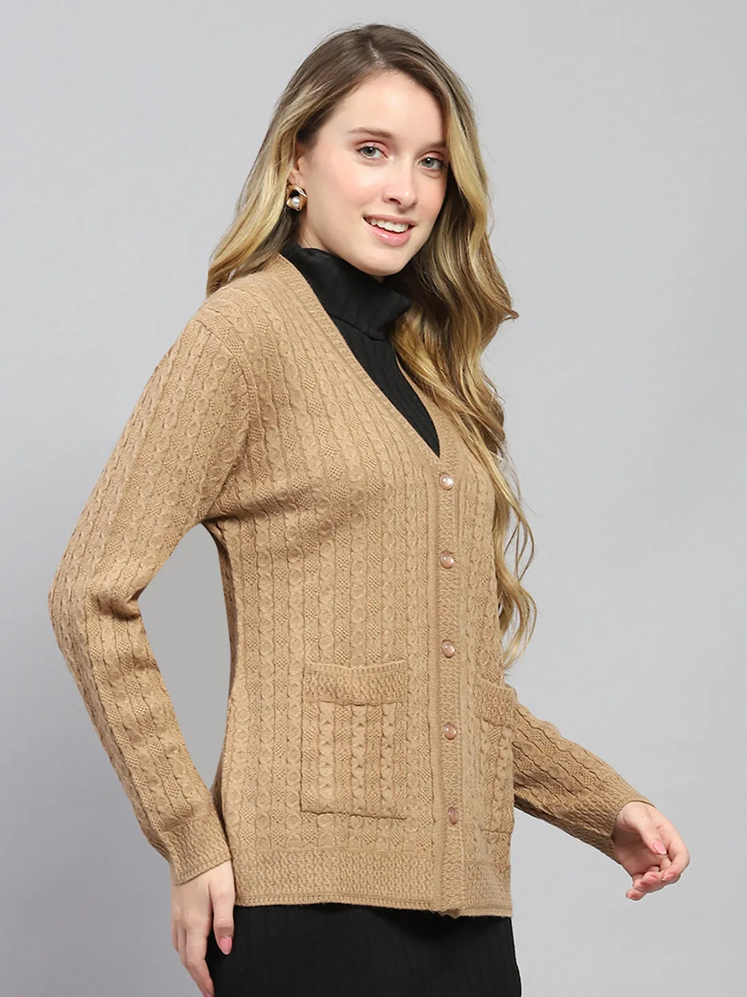 Women Khaki Self Design V Neck Full Sleeve Cardigan