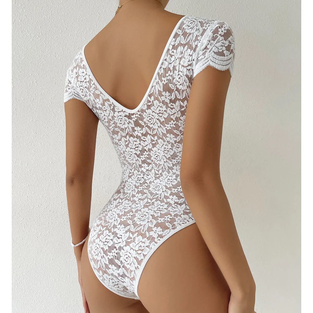 Women Short Sleeve V Neck Lace White Bodysuits