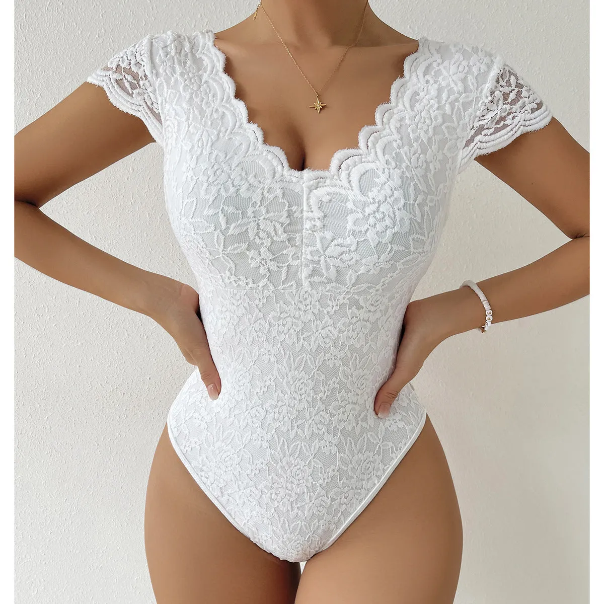 Women Short Sleeve V Neck Lace White Bodysuits