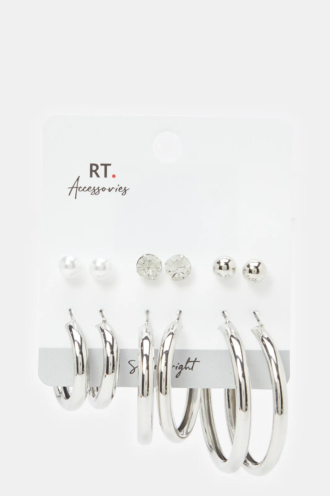 Women Silver Embellished Earrings Set (6 Pairs)