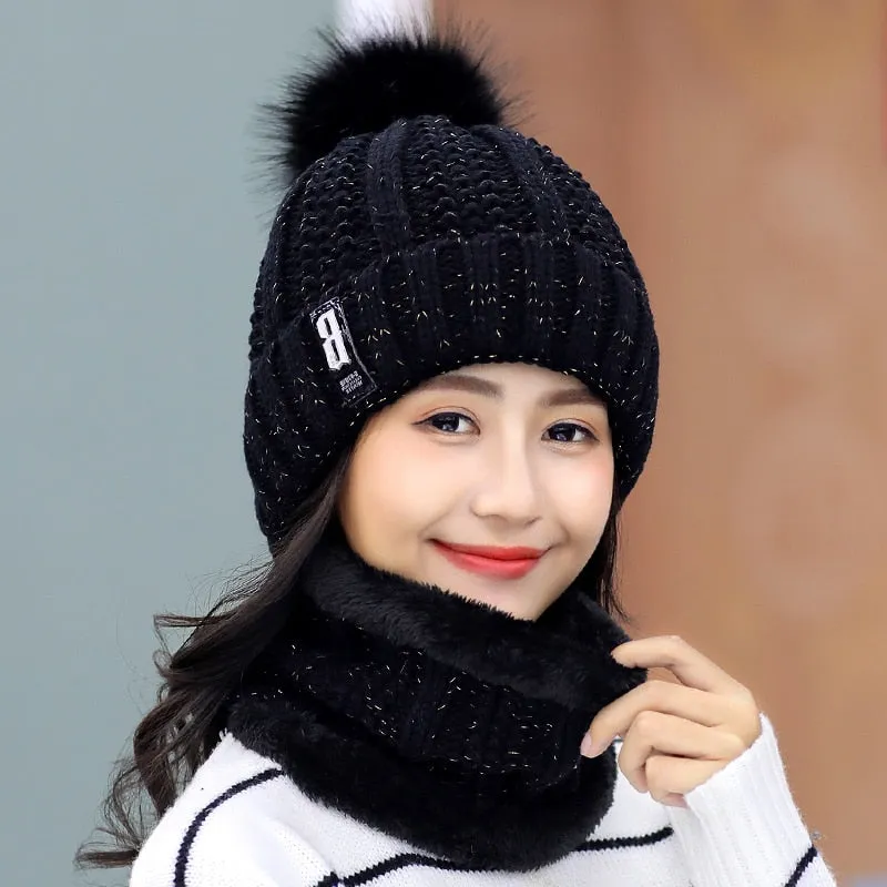 Women Wool Knitted Hat Ski Hat Sets For Female Windproof Winter Outdoor Knit Warm Thick Siamese Scarf Collar Warm Hat Girl Gift