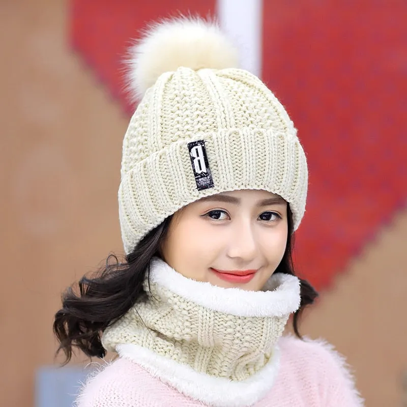 Women Wool Knitted Hat Ski Hat Sets For Female Windproof Winter Outdoor Knit Warm Thick Siamese Scarf Collar Warm Hat Girl Gift