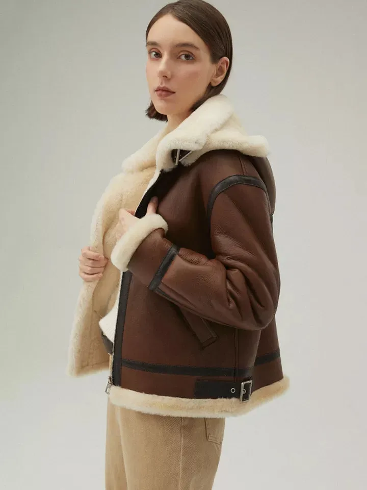 Women’s Chocolate Brown Leather Shearling Jacket With Removable Hood