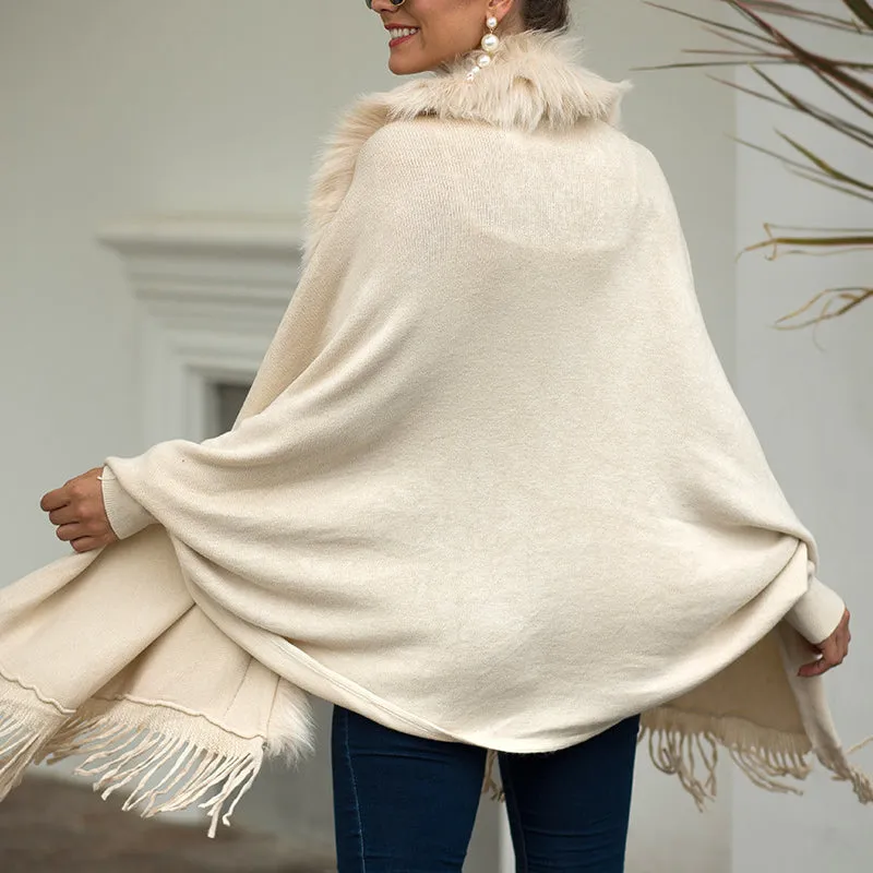 Women's faux fur collar fringe hem poncho open front